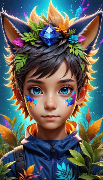 1girl,solo,looking at viewer,short hair,bangs,blue eyes,brown hair,black hair,hair ornament,1boy,animal ears,closed mouth,jacket,upper body,flower,male focus,sky,artist name,hair flower,star (symbol),lips,fox ears,eyelashes,glowing,leaf,watermark,facial mark,plant,blue jacket,gem,portrait,star (sky),web address,androgynous,zipper,starry sky,freckles,blue flower,crystal,nose,facepaint,head wreath,vines,thick eyebrows,backpack,messy hair,dog ears,backlighting,bandaid on face,raccoon ears,paint