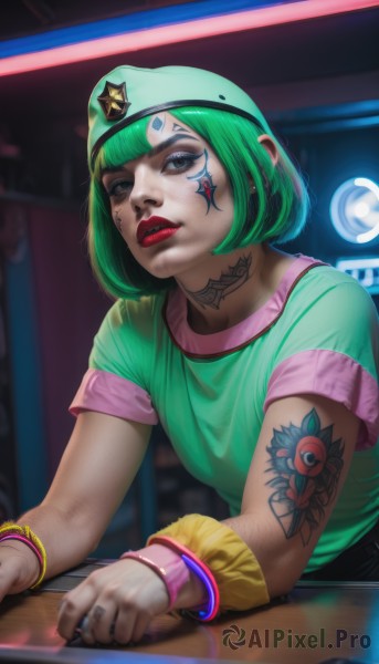 1girl,solo,looking at viewer,short hair,bangs,blue eyes,shirt,hat,jewelry,upper body,short sleeves,parted lips,green hair,teeth,choker,artist name,indoors,blunt bangs,star (symbol),nail polish,blurry,bracelet,lips,eyelashes,tattoo,makeup,blurry background,facial mark,bob cut,ring,lipstick,t-shirt,wristband,baseball cap,freckles,realistic,nose,green headwear,green shirt,red lips,arm tattoo,facepaint,facial tattoo,badge,pentagram,mascara,button badge,star tattoo,green eyes,earrings,beret,piercing,eyeshadow,nose piercing