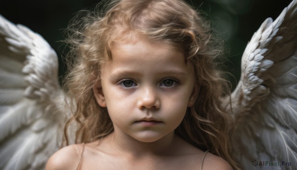 1girl,solo,long hair,looking at viewer,blue eyes,blonde hair,brown hair,bare shoulders,closed mouth,wings,blurry,lips,grey eyes,wavy hair,expressionless,messy hair,portrait,feathered wings,curly hair,angel wings,realistic,white wings,angel,simple background,brown eyes,upper body,black background,freckles