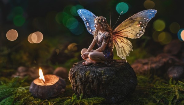 1girl,solo,long hair,breasts,brown hair,hair ornament,dress,bare shoulders,jewelry,sitting,flower,outdoors,wings,barefoot,hair flower,necklace,nail polish,blurry,strapless,depth of field,blurry background,grass,bug,fire,butterfly,nature,strapless dress,forest,rock,fantasy,antennae,fairy wings,candle,fairy,indian style,bokeh,butterfly wings,tree stump,sitting on rock,cleavage,earrings,pointy ears,artist name,bracelet,from side,bare arms,bare legs,tattoo,leaf,sunlight,plant,light particles,lens flare,minigirl,realistic,wide shot,blue wings