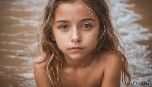 1girl,solo,long hair,looking at viewer,brown hair,closed mouth,upper body,nude,water,blurry,lips,wet,grey eyes,blurry background,beach,forehead,realistic,nose,wet hair,blue eyes,bare shoulders,brown eyes,collarbone,eyelashes,wavy hair,portrait,close-up,freckles