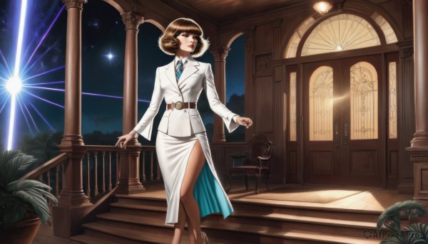 1girl,solo,breasts,short hair,bangs,skirt,brown hair,long sleeves,dress,brown eyes,jewelry,standing,pantyhose,necktie,sky,belt,indoors,high heels,looking to the side,window,makeup,night,formal,white footwear,suit,plant,lipstick,star (sky),side slit,starry sky,pencil skirt,curly hair,blue necktie,stairs,red lips,potted plant,pillar,skirt suit,column,blue eyes,shirt,jacket,blunt bangs,lips,bob cut,blazer,white skirt,walking,long skirt