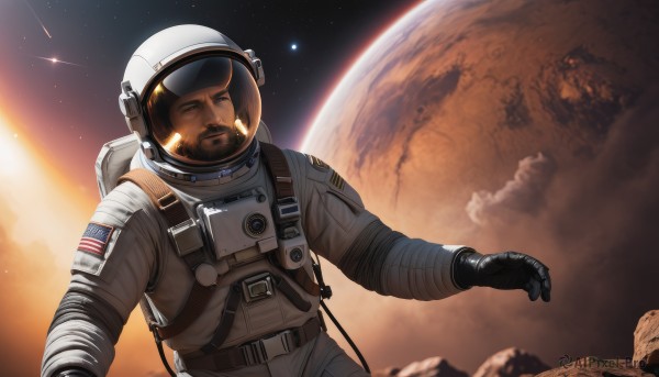 solo,brown hair,gloves,1boy,upper body,male focus,sky,facial hair,moon,helmet,star (sky),beard,science fiction,realistic,space,planet,earth (planet),american flag,spacesuit,japanese flag,astronaut,rock,mustache,manly,debris,space helmet,united states,american flag print