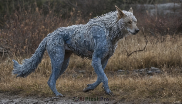 solo,standing,tail,full body,outdoors,signature,blurry,from side,tree,pokemon (creature),no humans,profile,blurry background,animal,grass,nature,claws,rock,realistic,animal focus,wolf,photo background,closed mouth