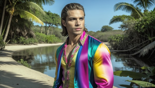 HQ,1girl,solo,breasts,looking at viewer,short hair,brown hair,shirt,black hair,1boy,cleavage,brown eyes,closed mouth,jacket,upper body,male focus,outdoors,open clothes,sky,day,dark skin,water,vest,open jacket,tree,blue sky,lips,beach,plant,reflection,yellow shirt,realistic,nose,palm tree,facial hair,nature