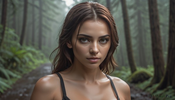 1girl,solo,long hair,looking at viewer,brown hair,bare shoulders,brown eyes,closed mouth,collarbone,upper body,outdoors,day,blurry,tree,lips,depth of field,blurry background,portrait,nature,forest,freckles,realistic,nose,bra,sunlight