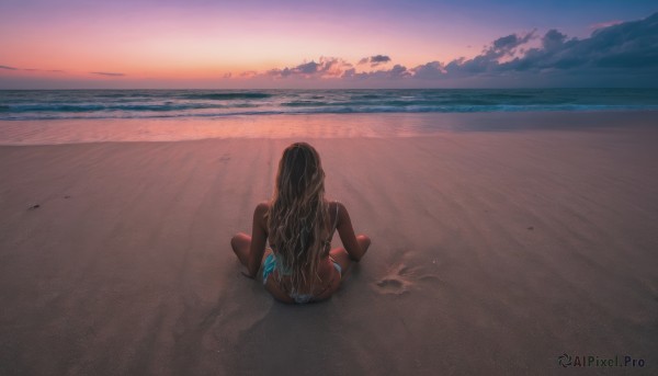 1girl, solo, long hair, black hair, sitting, swimsuit, ass, bikini, outdoors, sky, cloud, dark skin, water, from behind, dark-skinned female, ocean, beach, scenery, sunset, sand, horizon