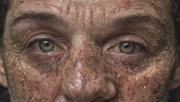 solo,looking at viewer,brown hair,black hair,1boy,brown eyes,closed mouth,green eyes,male focus,thick eyebrows,portrait,close-up,reflection,realistic,eye focus,yellow eyes,facial hair,freckles,old