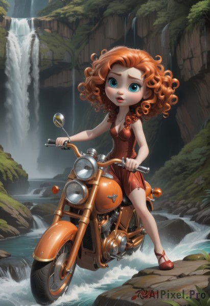 1girl,solo,breasts,looking at viewer,short hair,open mouth,blue eyes,dress,cleavage,medium breasts,red hair,small breasts,water,orange hair,lips,wavy hair,short dress,red dress,ground vehicle,red footwear,motor vehicle,curly hair,motorcycle,waterfall,long hair,full body,shoes,rock,scooter