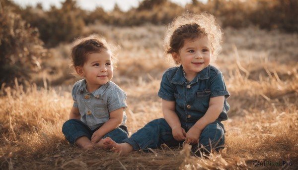 smile,short hair,blue eyes,brown hair,shirt,sitting,short sleeves,male focus,outdoors,multiple boys,barefoot,collared shirt,pants,2boys,blurry,looking at another,tree,blurry background,siblings,grass,aged down,blue shirt,denim,child,pocket,realistic,blue pants,breast pocket,male child,brothers,open mouth,:d,indian style,on ground,wheat