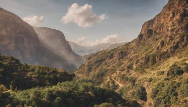 outdoors,sky,day,cloud,tree,blue sky,no humans,bird,cloudy sky,nature,scenery,forest,mountain,landscape,mountainous horizon,fantasy,cliff