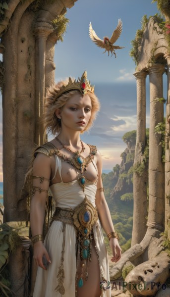 1girl,solo,breasts,short hair,blonde hair,dress,brown eyes,jewelry,closed mouth,nipples,standing,earrings,small breasts,outdoors,sky,pussy,day,cloud,necklace,white dress,armor,flat chest,bracelet,lips,no bra,no panties,bird,animal,tiara,breasts out,crown,plant,gem,armlet,flying,realistic,nose,fantasy,arms at sides,ruins,pillar,breastless clothes,column,looking at viewer,blue eyes,hairband,parted lips,blue sky,piercing,statue,greek clothes