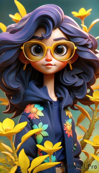 1girl,solo,long hair,looking at viewer,smile,shirt,long sleeves,brown eyes,jewelry,closed mouth,blue hair,jacket,upper body,purple hair,flower,earrings,outdoors,open clothes,glasses,belt,pants,artist name,hood,black eyes,lips,hoodie,makeup,leaf,floral print,sunglasses,hood down,blue shirt,plant,hooded jacket,buckle,yellow flower,hands in pockets,drawstring,brown belt,print shirt,tinted eyewear,blue hoodie,yellow-framed eyewear,black hair,watermark,denim,freckles,belt buckle,open hoodie