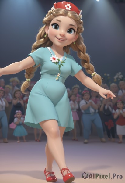 1girl,long hair,looking at viewer,smile,open mouth,blue eyes,multiple girls,brown hair,hair ornament,hat,dress,twintails,brown eyes,jewelry,standing,full body,braid,flower,short sleeves,earrings,small breasts,parted lips,multiple boys,shoes,teeth,solo focus,hair flower,blurry,black eyes,twin braids,lips,blurry background,blue dress,shadow,outstretched arms,red footwear,child,red headwear,walking,6+boys,nurse cap,spread arms,female child,nurse,dancing,crowd,spotlight,aqua dress,solo,breasts