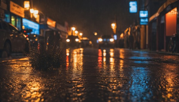 outdoors,sky,water,blurry,no humans,night,depth of field,blurry background,ground vehicle,building,night sky,scenery,motor vehicle,reflection,rain,water drop,city,sign,car,light,road,lamppost,street,bokeh,puddle,city lights,lights,reflective water,dark