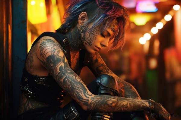 vi (league of legends),1girl,solo,short hair,bangs,bare shoulders,jewelry,sitting,closed mouth,blue hair,closed eyes,multicolored hair,earrings,belt,pants,blurry,from side,lips,tattoo,profile,depth of field,blurry background,piercing,ear piercing,realistic,nose,arm tattoo,shoulder tattoo,facial tattoo,cyberpunk,neck tattoo,gloves,choker,knee pads,nose piercing