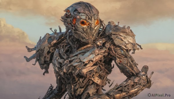 solo,1boy,upper body,male focus,outdoors,sky,cloud,orange eyes,hand on hip,no humans,glowing,robot,mecha,1other,science fiction,humanoid robot,day,armor,blue sky,glowing eyes,damaged,looking ahead,desert,mechanical parts