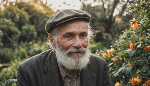 solo,looking at viewer,shirt,1boy,hat,closed mouth,jacket,white shirt,upper body,flower,white hair,grey hair,male focus,outdoors,necktie,day,collared shirt,blurry,tree,black jacket,black headwear,depth of field,blurry background,facial hair,beret,formal,suit,black necktie,beard,realistic,mustache,manly,old,old man,grey headwear,orange flower,garden,wrinkled skin,lips,scar,wing collar,nature