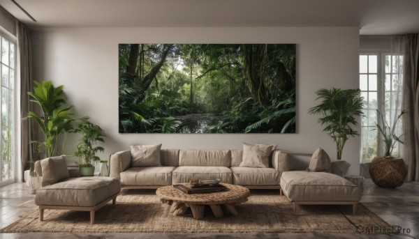 day,indoors,tree,pillow,book,no humans,window,bed,chair,table,sunlight,plant,curtains,nature,scenery,couch,forest,wooden floor,basket,potted plant,cushion,carpet,rug,watermark