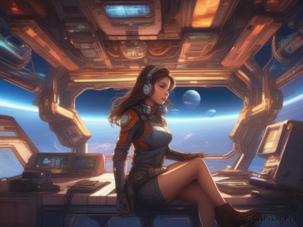 1girl,solo,long hair,breasts,skirt,brown hair,gloves,brown eyes,medium breasts,sitting,closed mouth,boots,belt,indoors,from side,lips,bodysuit,profile,headphones,brown footwear,crossed legs,headset,backlighting,science fiction,nose,cable,space,computer,monitor,planet,earth (planet),spacecraft,cyberpunk,holographic interface,bare legs,realistic,laptop