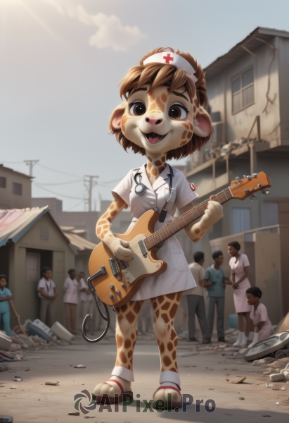 1girl,breasts,looking at viewer,smile,short hair,open mouth,bangs,multiple girls,brown hair,shirt,hat,dress,holding,animal ears,brown eyes,standing,tail,full body,white shirt,short sleeves,small breasts,outdoors,multiple boys,sky,shoes,teeth,solo focus,day,tongue,socks,artist name,cloud,signature,white dress,blurry,blue sky,window,:3,buttons,white headwear,fangs,watermark,short dress,sandals,happy,white footwear,blue shirt,ground vehicle,building,instrument,child,motor vehicle,furry,freckles,6+boys,pocket,nurse cap,furry female,music,guitar,female child,car,nurse,body fur,ruins,house,white fur,playing instrument,holding instrument,power lines,dirty,animal nose,electric guitar,utility pole,crowd,snout,brown fur,yellow fur,debris,stethoscope,destruction,animal feet,rubble,buck teeth,red cross,:d,sunlight,cross,animal print,dog ears,light rays,dog girl,syringe,leopard print