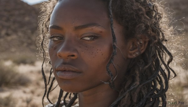 1girl,solo,long hair,looking at viewer,black hair,1boy,brown eyes,closed mouth,male focus,parted lips,dark skin,blurry,dark-skinned female,lips,looking to the side,grey eyes,blurry background,dark-skinned male,portrait,freckles,curly hair,realistic,very dark skin,brown hair,outdoors,eyelashes,close-up,dreadlocks