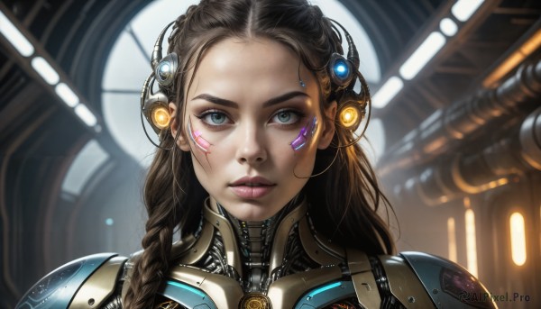 HQ,1girl,solo,long hair,looking at viewer,blue eyes,brown hair,black hair,green eyes,upper body,braid,parted lips,armor,blurry,lips,single braid,bodysuit,makeup,blurry background,headgear,facial mark,portrait,forehead,freckles,science fiction,realistic,nose,hair pulled back,indoors,twin braids,eyelashes,expressionless,close-up,eyeshadow,backlighting,eyeliner,cable,facepaint,cyborg,dirty,cyberpunk,dirty face