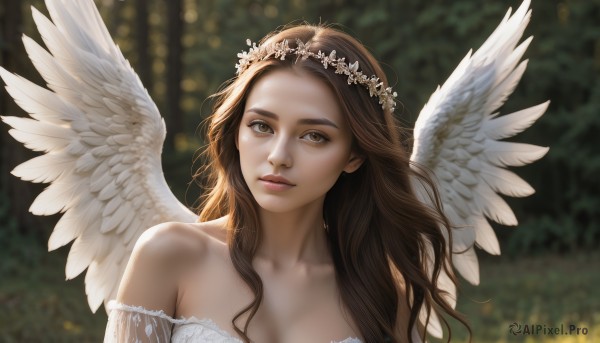 1girl,solo,long hair,breasts,looking at viewer,brown hair,hair ornament,dress,cleavage,bare shoulders,brown eyes,medium breasts,collarbone,upper body,flower,parted lips,wings,hair flower,white dress,blurry,lips,depth of field,blurry background,feathered wings,angel wings,realistic,nose,white wings,angel,head wreath,day,off shoulder,sunlight,portrait,nature