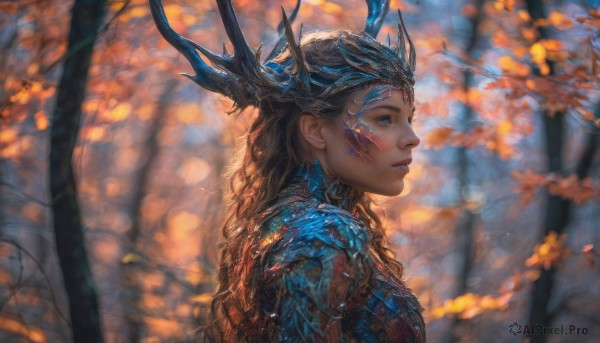 1girl,solo,long hair,blue eyes,brown hair,black hair,upper body,braid,outdoors,parted lips,horns,armor,blurry,from side,tree,lips,eyelashes,profile,depth of field,blurry background,leaf,wavy hair,facial mark,looking away,portrait,nature,forest,realistic,nose,branch,red lips,autumn,blush,blonde hair,closed mouth