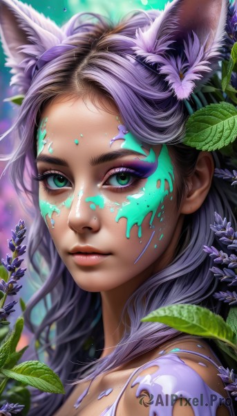 1girl,solo,long hair,looking at viewer,hair ornament,animal ears,closed mouth,green eyes,purple hair,flower,artist name,cat ears,hair flower,blurry,lips,animal ear fluff,fox ears,eyelashes,makeup,leaf,facial mark,plant,lipstick,portrait,eyeshadow,freckles,realistic,nose,eyeliner,facepaint,mascara,paint splatter,paint,breasts,cleavage,multicolored hair,web address,dirty