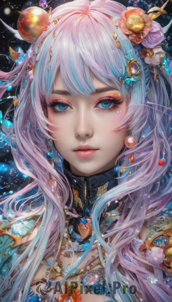 1girl,solo,long hair,breasts,looking at viewer,bangs,blue eyes,hair ornament,cleavage,jewelry,closed mouth,blue hair,upper body,pink hair,flower,white hair,multicolored hair,earrings,artist name,hair flower,necklace,two-tone hair,lips,eyelashes,gradient hair,makeup,lipstick,gem,portrait,light particles,close-up,pink flower,pendant,eyeshadow,crystal,pink lips,realistic,nose,eyeliner,mascara,parted lips,streaked hair,expressionless