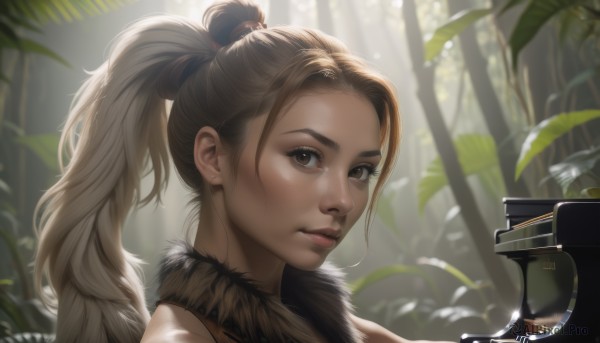 1girl,solo,long hair,looking at viewer,brown hair,brown eyes,closed mouth,ponytail,weapon,outdoors,blurry,tree,lips,fur trim,eyelashes,blurry background,high ponytail,plant,portrait,nature,forest,fur collar,realistic,nose,day,artist name,depth of field,leaf,sunlight,instrument,close-up,backlighting,freckles