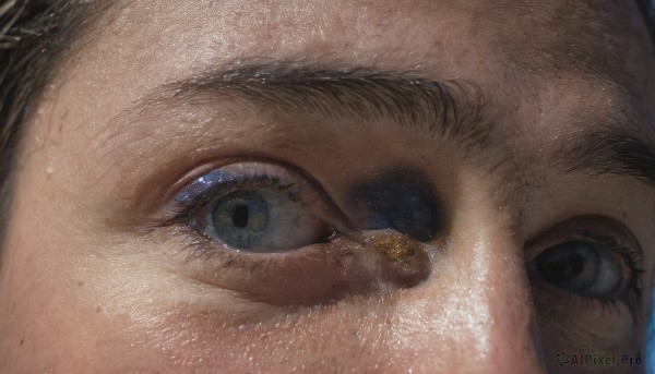 1girl,solo,looking at viewer,blue eyes,brown hair,brown eyes,black eyes,eyelashes,portrait,close-up,freckles,reflection,realistic,eye focus,black hair,1boy,male focus,sweat