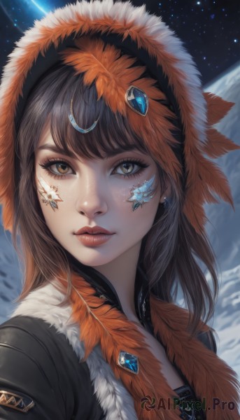 1girl,solo,long hair,looking at viewer,bangs,brown hair,black hair,brown eyes,jewelry,closed mouth,jacket,upper body,earrings,sky,artist name,star (symbol),lips,fur trim,eyelashes,makeup,facial mark,moon,feathers,gem,portrait,star (sky),starry sky,realistic,nose,red lips,space,facepaint,planet,earth (planet),hair ornament,hood,tattoo,leaf,crescent,freckles,facial tattoo