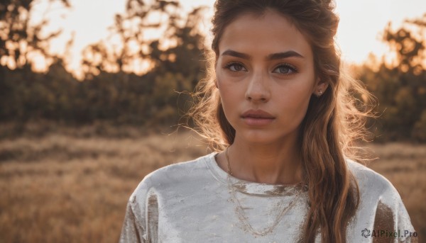 1girl,solo,long hair,looking at viewer,brown hair,shirt,brown eyes,jewelry,closed mouth,white shirt,upper body,earrings,outdoors,dark skin,necklace,blurry,dark-skinned female,lips,depth of field,blurry background,freckles,realistic,nose,day,eyelashes,makeup,sunlight,thick eyebrows,portrait,backlighting,photo background