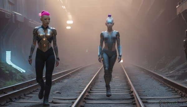 1girl,breasts,short hair,multiple girls,gloves,2girls,medium breasts,pink hair,boots,pants,dark skin,fingerless gloves,hair bun,armor,dark-skinned female,bodysuit,tattoo,multiple views,glowing,single hair bun,helmet,walking,science fiction,stairs,arms at sides,very short hair,railroad tracks,hologram,looking at viewer,jewelry,closed mouth,standing,full body,white hair,earrings,alternate costume,pointy ears,looking at another,lips,black pants,piercing,shoulder armor,glowing eyes,freckles,breastplate,realistic,very dark skin,dreadlocks