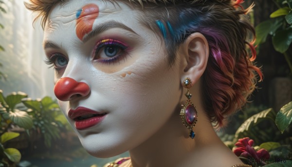 1girl,solo,looking at viewer,short hair,blue eyes,brown hair,jewelry,pink hair,flower,multicolored hair,earrings,outdoors,parted lips,teeth,artist name,necklace,blurry,lips,eyelashes,makeup,blurry background,leaf,watermark,sunlight,plant,lipstick,gem,portrait,nature,web address,close-up,eyeshadow,freckles,realistic,nose,red lips,eyeliner,facepaint,mascara,smile,blue hair