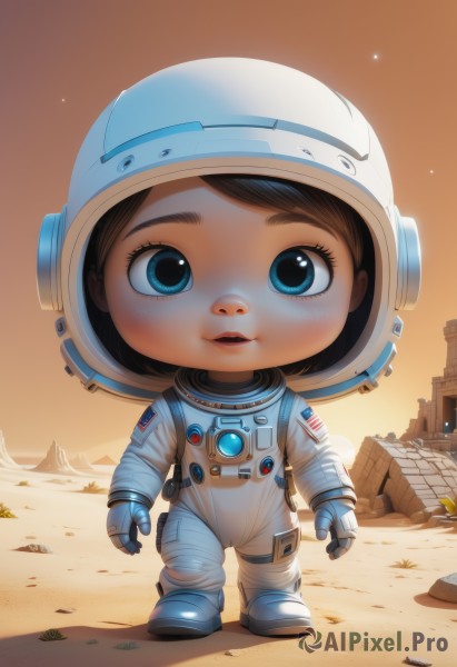 1girl,solo,looking at viewer,blush,short hair,open mouth,blue eyes,brown hair,standing,full body,outdoors,parted lips,sky,chibi,lips,helmet,child,star (sky),rock,realistic,female child,ruins,american flag,debris,spacesuit,desert,space helmet,astronaut,gloves,flag