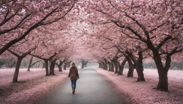 1girl, solo, long hair, brown hair, standing, boots, outdoors, pants, bag, from behind, tree, coat, brown footwear, cherry blossoms, scenery, walking, road, wide shot