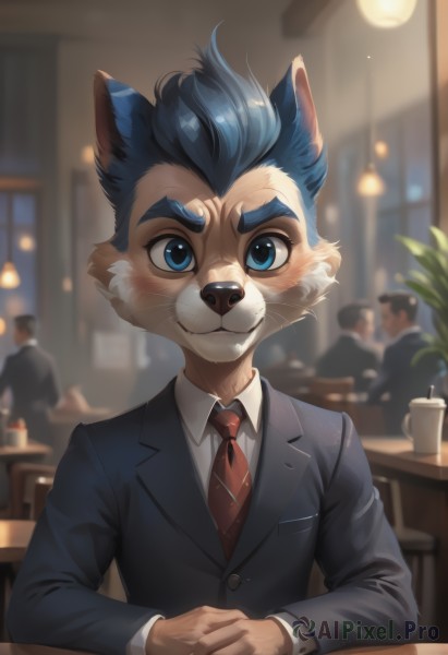 looking at viewer,blush,smile,short hair,blue eyes,shirt,long sleeves,1boy,animal ears,sitting,closed mouth,blue hair,jacket,white shirt,upper body,male focus,multiple boys,necktie,solo focus,striped,collared shirt,artist name,indoors,cat ears,blurry,cup,black jacket,:3,night,blurry background,formal,thick eyebrows,3boys,own hands together,suit,plant,red necktie,furry,potted plant,furry male,body fur,striped necktie,animal nose,whiskers,snout,school uniform,fox ears,depth of field,chair,blazer,extra ears,desk,pocket,4boys,classroom,breast pocket,multiple others,fox boy,people