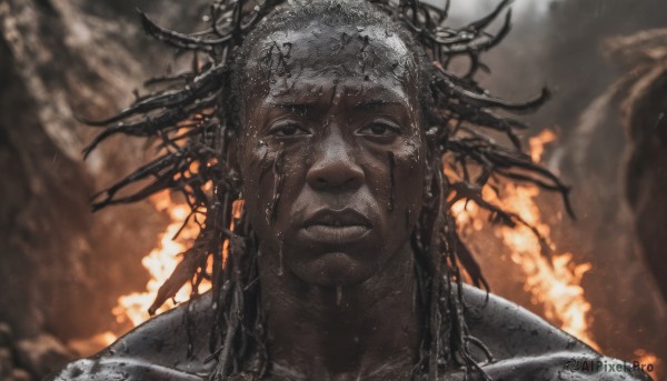 An iconic male framed by a bold fiery dynamic scene