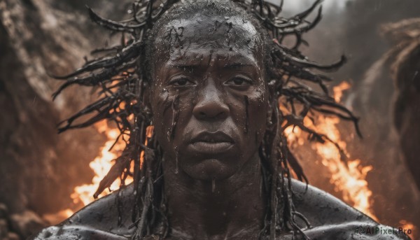 solo,long hair,looking at viewer,black hair,1boy,closed mouth,male focus,parted lips,solo focus,dark skin,blurry,black eyes,wet,blurry background,dark-skinned male,fire,portrait,realistic,wet hair,facial hair,dreadlocks