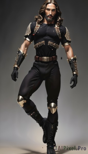 solo,long hair,looking at viewer,brown hair,shirt,black hair,gloves,1boy,brown eyes,standing,full body,white hair,short sleeves,male focus,multicolored hair,boots,black gloves,belt,pants,black footwear,armor,two-tone hair,black shirt,muscular,facial hair,black pants,beard,cross-laced footwear,walking,mustache,knee pads,leather,bandolier,realistic