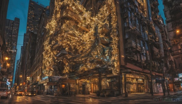 outdoors,sky,tree,no humans,window,night,ground vehicle,building,night sky,scenery,motor vehicle,science fiction,city,sign,car,road,cityscape,lamppost,street,skyscraper,shop,city lights,lights,crosswalk,vanishing point,storefront,cloud,signature,walking