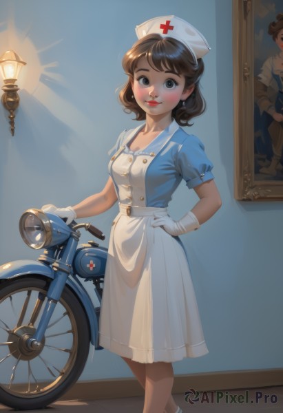 1girl,solo,breasts,looking at viewer,blush,smile,short hair,bangs,skirt,brown hair,gloves,hat,dress,brown eyes,jewelry,medium breasts,standing,collarbone,short sleeves,earrings,socks,puffy sleeves,indoors,white gloves,apron,puffy short sleeves,lips,see-through,hand on hip,buttons,feet out of frame,blue dress,cross,ground vehicle,motor vehicle,reflection,mirror,nurse cap,red lips,nurse,motorcycle,bicycle,closed mouth,white dress,makeup,white headwear,white footwear,freckles,lamp,open door