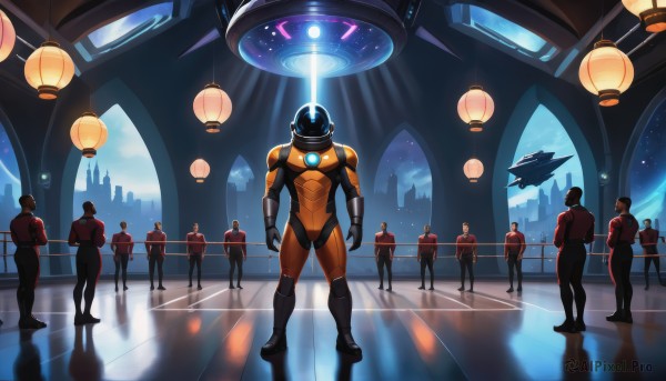 standing,male focus,multiple boys,sky,pants,armor,uniform,bodysuit,night,glowing,helmet,robot,building,star (sky),floating,reflection,walking,science fiction,6+boys,lantern,aircraft,pilot suit,spacecraft,spacesuit,reflective floor,multiple girls,shirt,red shirt,scenery,mecha,realistic,light,power armor,lights,hologram