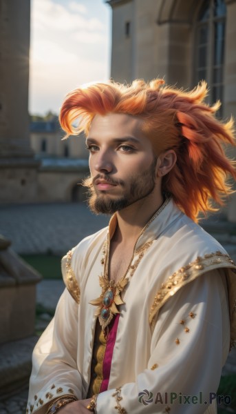 solo,looking at viewer,brown hair,long sleeves,1boy,brown eyes,jewelry,closed mouth,upper body,male focus,earrings,outdoors,sky,day,cloud,medium hair,necklace,orange hair,blurry,bracelet,blue sky,lips,depth of field,blurry background,facial hair,own hands together,feathers,building,gem,beard,robe,realistic,feather hair ornament,signature