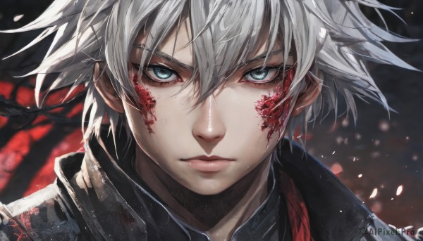 solo,looking at viewer,short hair,bangs,blue eyes,1boy,hair between eyes,closed mouth,white hair,grey hair,male focus,artist name,signature,blurry,lips,eyelashes,blood,blurry background,portrait,close-up,realistic,scales,jacket,black jacket,spiked hair,high collar,serious,blood on face,blood in hair