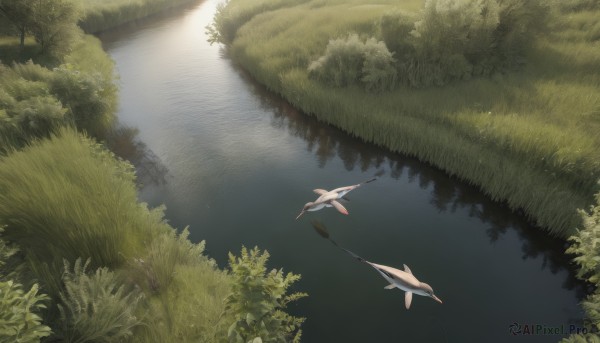 outdoors,day,water,tree,no humans,bird,leaf,sunlight,grass,plant,nature,scenery,forest,reflection,fish,bush,river,lake,solo,pokemon (creature),flying