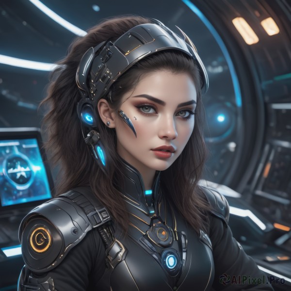 1girl,solo,long hair,breasts,looking at viewer,brown hair,brown eyes,jewelry,medium breasts,upper body,earrings,parted lips,artist name,armor,mole,blurry,lips,eyelashes,mole under eye,bodysuit,makeup,blurry background,headgear,lipstick,freckles,science fiction,realistic,nose,red lips,stud earrings,eyeliner,cyberpunk,black hair,signature,forehead,eyeshadow,headset,cyborg,earpiece